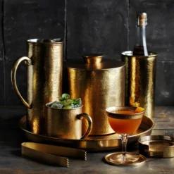 Antique Brass Hammered Coasters with Holder, Set of 4 -TABLETOP BAR STORE antique brass hammered coasters with holder 202240 0002 antique brass tray z