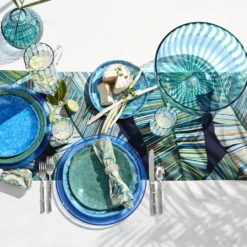 Palm Table Runner -TABLETOP BAR STORE banana leaf palm table runner 202227 0010 blue stripe glassware collection 1 z
