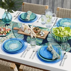 Drip Reactive Outdoor Melamine Dinner Plates - Blue -TABLETOP BAR STORE drip reactive outdoor melamine dinner plates 202227 0010 blue stripe glassware collection 2 z