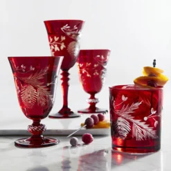 Pinecone-Cut Wine Glasses, Set of 4 -TABLETOP BAR STORE red pinecone cut wine glasses 202222 0002 red pinecone cut goblets z