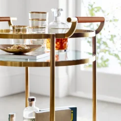 Truman Round Bar Cart, Antique Brass, Saddle Leather -TABLETOP BAR STORE truman round bar cart 202217 0036 truman round bar cart z