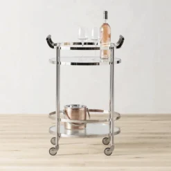 Truman Round Bar Cart, Antique Brass, Saddle Leather